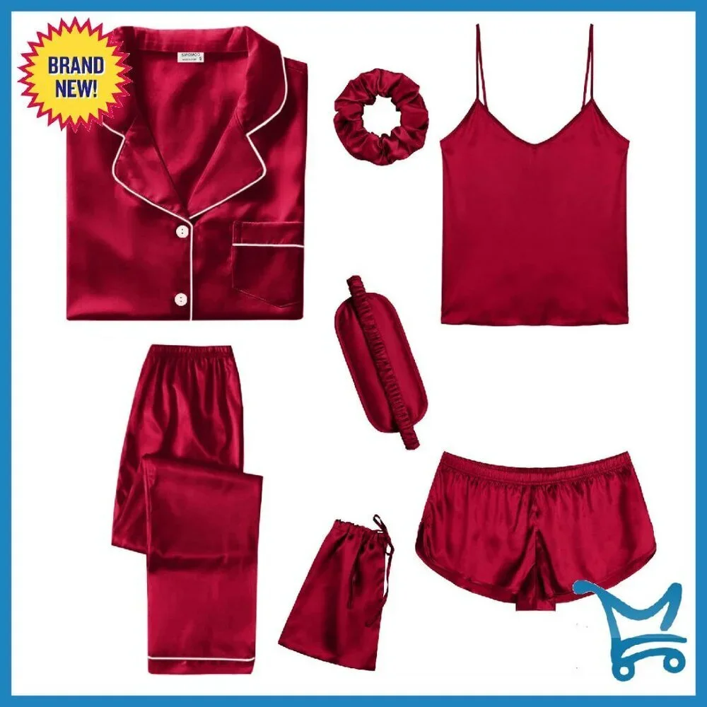 Silk Satin Pajama Set 7pc Sleepwear Cami Shorts Button Down Lounge